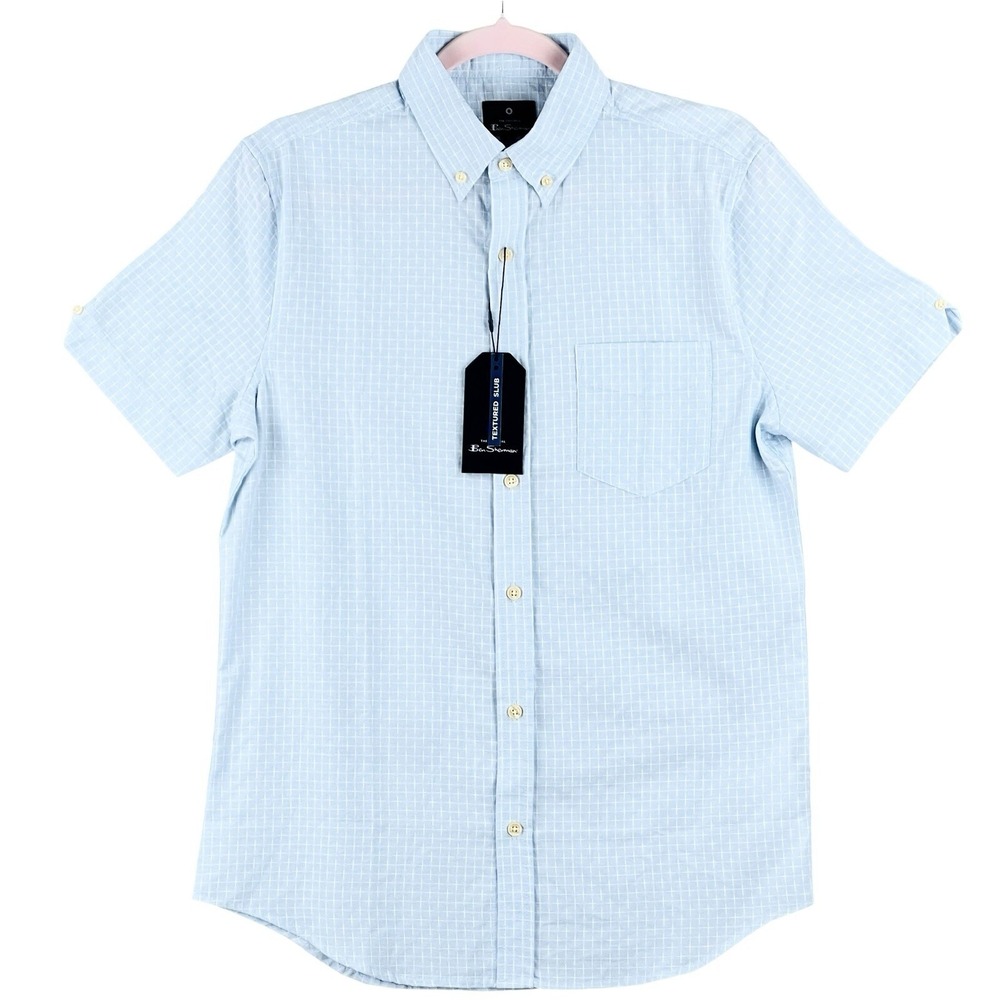Ben Sherman Men's Plaid Short Sleeve Blue Shirt Size Small Textured Slub NWT